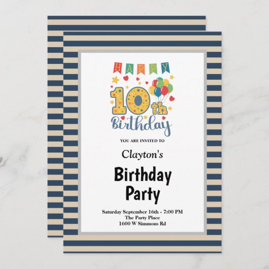 Blauwe/Vanilla Stripes, 10e verjaardag Kaart (Voorkant / Achterkant)