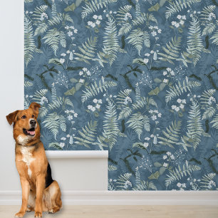 Blauwe varens en bladeren behang