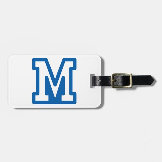 Blauwe varsity letter M monogram Bagagelabel (Voorkant horizontaal)
