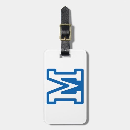 Blauwe varsity letter M monogram Bagagelabel (Voorkant verticaal)