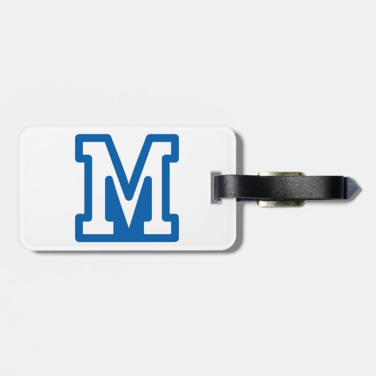 Blauwe varsity letter M monogram Bagagelabel (Achterkant horizontaal)