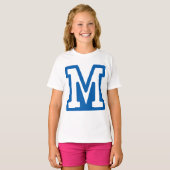 Blauwe varsity letter M monogram T-shirt (Voorkant volledig)