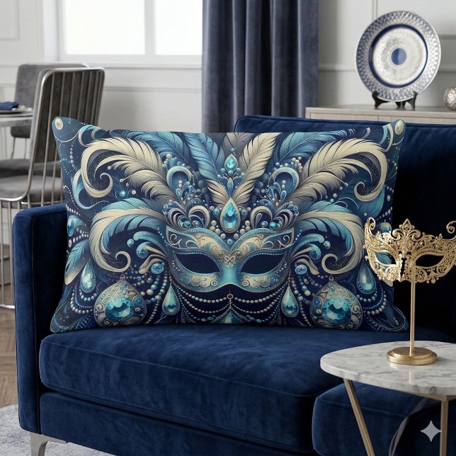Blauwe Veer Masquerade Masker Illustratie Kussen (Blue Feather Masquerade Mask Illustration Lumbar Pillow Mockup A)