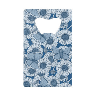 Blauwe veer, wilde bloemen, madijsoorten creditkaart flessenopener