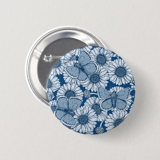 Blauwe veer, wilde bloemen, madijsoorten ronde button 5,7 cm (Voorkant /achterkant)