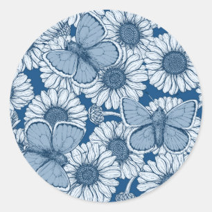 Blauwe veer, wilde bloemen, madijsoorten ronde sticker