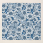 Blauwe veer, wilde bloemen, madijsoorten sjaal<br><div class="desc">Handgetrokken daisy bloemen en gewone blauwe vlinders,  naadloos vectorpatroon</div>