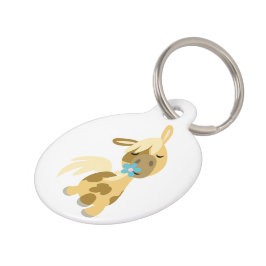 Blauwe ventilator en Cartoon Pony Dog Label Huisdierpenning