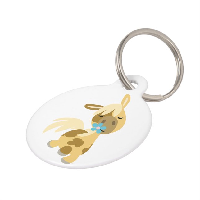 Blauwe ventilator en Cartoon Pony Dog Label Huisdierpenning (Zijkant)