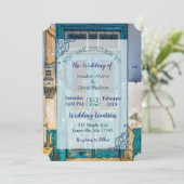 Blauwe Verdrietige Rustieke Deur Bruiloft Uitnodig Kaart (Staand voorkant)
