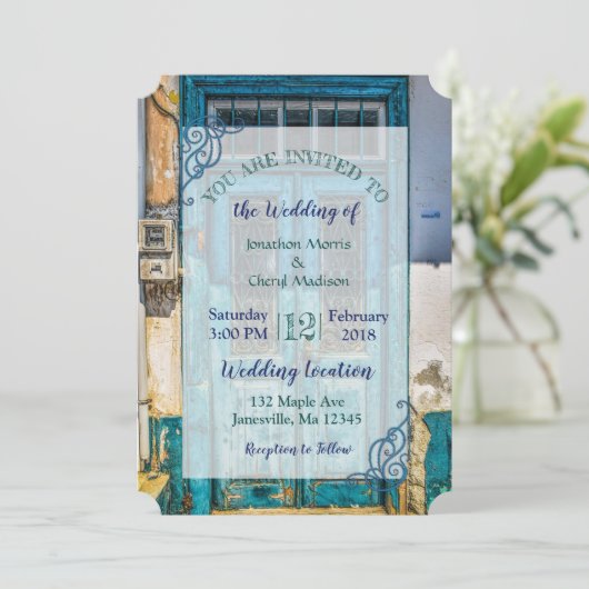 Blauwe Verdrietige Rustieke Deur Bruiloft Uitnodig Kaart (Staand voorkant)