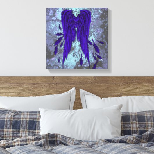 Blauwe Veren Engel Vleugels Grunge Design Canvas Afdruk (Insitu (Slaapkamer))
