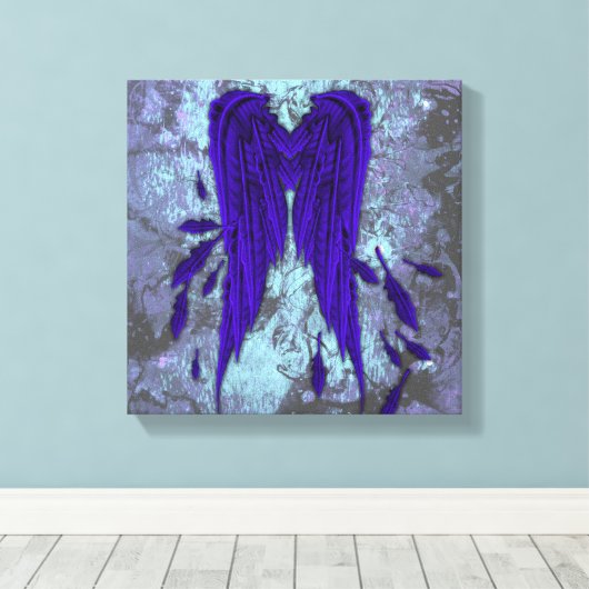 Blauwe Veren Engel Vleugels Grunge Design Canvas Afdruk (Insitu (Houten vloer))