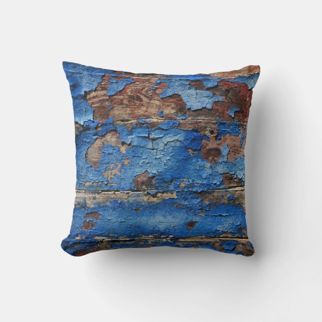 Blauwe verf afbladderend van rustieke hout kussen (Voorkant)