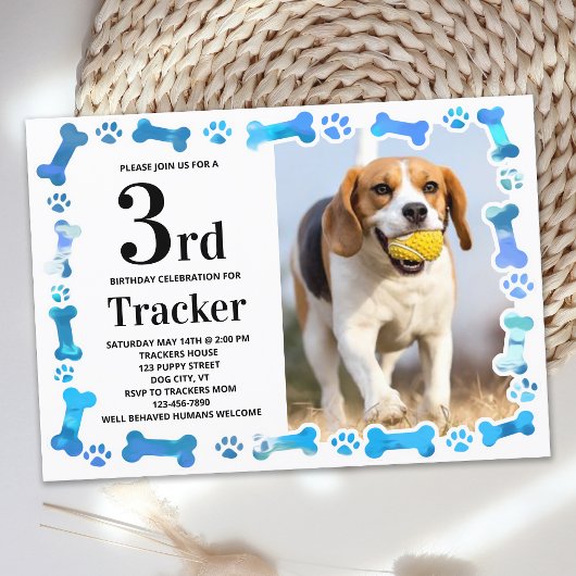 Blauwe verf drukt Aangepaste hond op geboortedag f Kaart