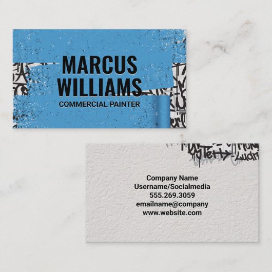 Blauwe verf over graffiti visitekaartje (Voorkant / Achterkant)