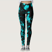 Blauwe verf Spletters op zwarte Leggings (Voorkant)