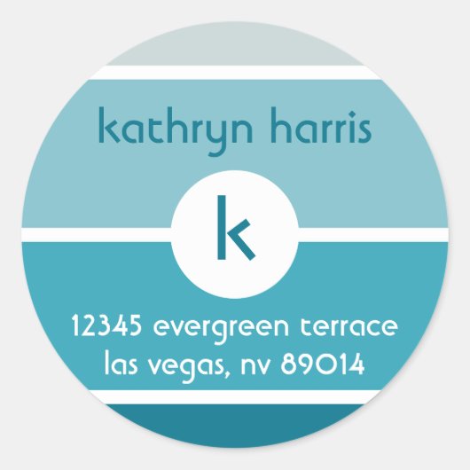 Blauwe verfchip modern monogram adreslabel ronde sticker (Voorkant)