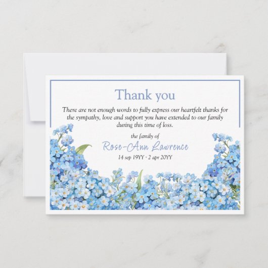 Blauwe vergeet-mij-nietjes bloemige lijst begrafen bedankkaart (Voorkant)