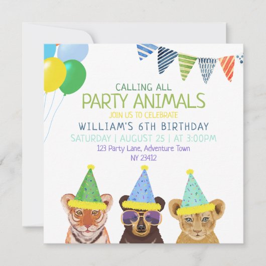 Blauwe verjaardag van dieren kaart (Voorkant)