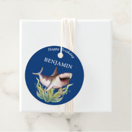 Blauwe verjaardag van haaienvinnen bedankjes labels