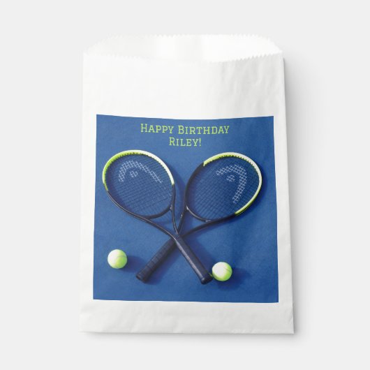 Blauwe verjaardagsfeestje rackets en tennisballen bedankzakje (Voorkant)