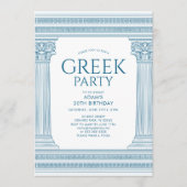 Blauwe Verjaardagsfeestuitnodiging met Griekse tem Kaart (Voorkant)