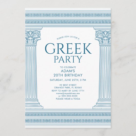 Blauwe Verjaardagsfeestuitnodiging met Griekse tem Kaart (Voorkant)