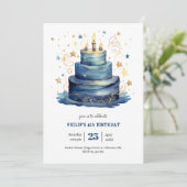 Blauwe verjaardagstaart verjaardag kaart (Staand voorkant)