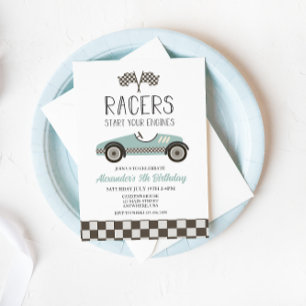 blauwe Verjaardagsuitnodiging voor Vintage Raceaut Kaart