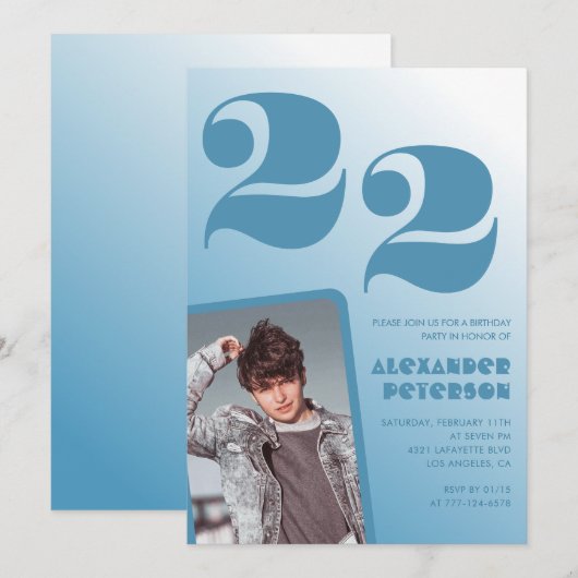 Blauwe verloop 22e verjaardagsuitnodigingen Jongen Kaart (Voorkant / Achterkant)