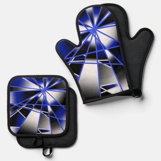 Blauwe verloopkleur vult mechanische tekenmozaïek ovenwant & pannenlap set (Voorkant / Achterkant)