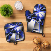 Blauwe verloopkleur vult mechanische tekenmozaïek ovenwant & pannenlap set (Top down)