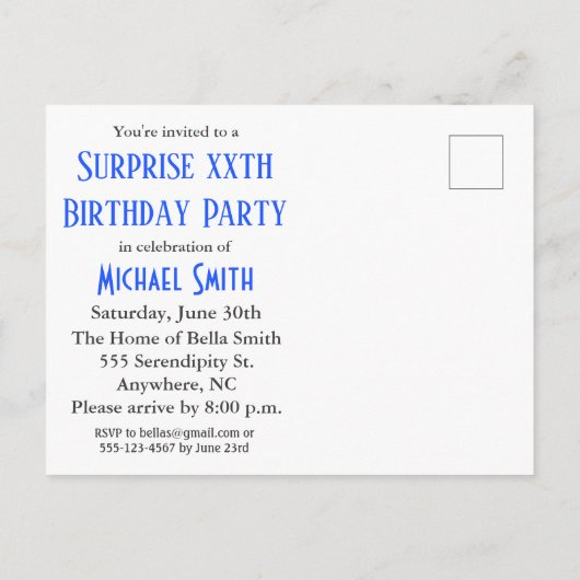 Blauwe verrassingsdag feestdag uitnodiging briefkaart (Achterkant)