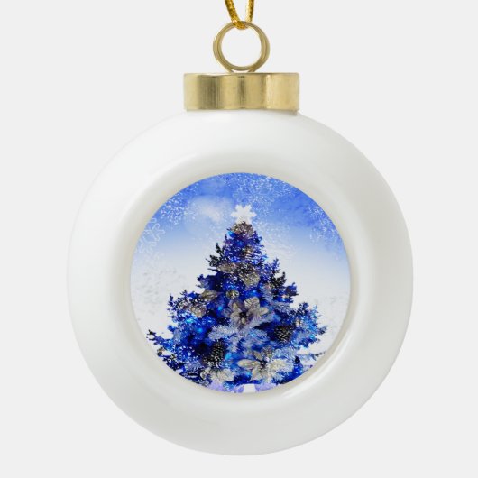 Blauwe versierde blauwe kerstboom keramische bal ornament (Voorkant)