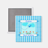 Blauwe Vichy Nieuwe Baby Jongen Magneet (Voorkant / Achterkant)
