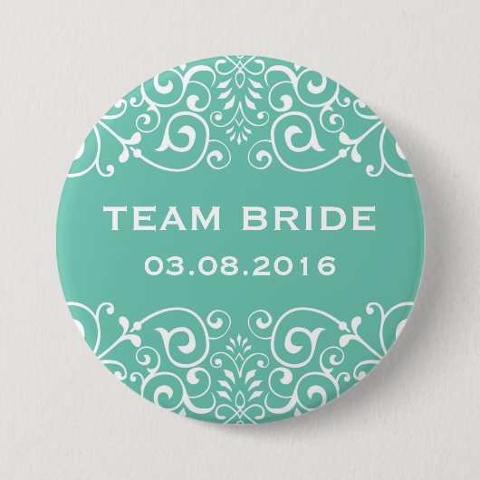 Blauwe Victoriaans Floral Border Team Bride Button (Voorkant)