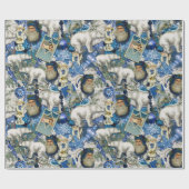 Blauwe Victoriaans kerstcollage Cadeaupapier (Vlak)