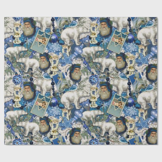 Blauwe Victoriaans kerstcollage Cadeaupapier (Vlak)