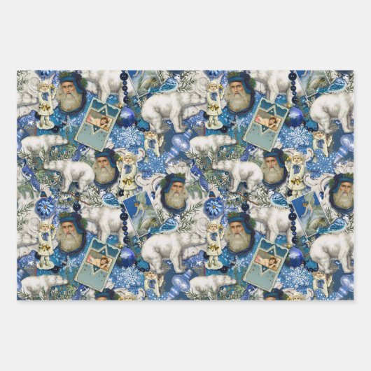 Blauwe Victoriaans kerstcollage Inpakpapier Vel (Voorkant 2)