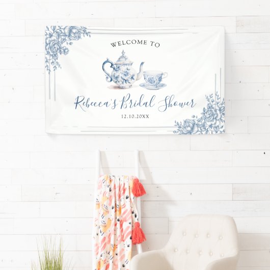 Blauwe Victoriaans Tuin Bruidsthee Groot Spandoek (Insitu)