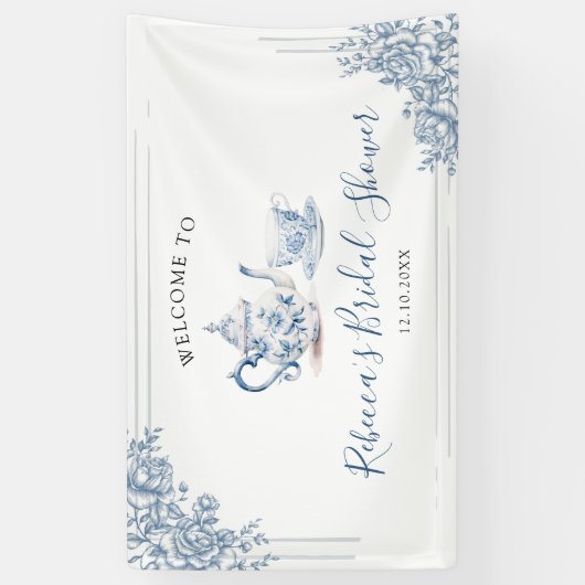 Blauwe Victoriaans Tuin Bruidsthee Groot Spandoek (Verticaal)