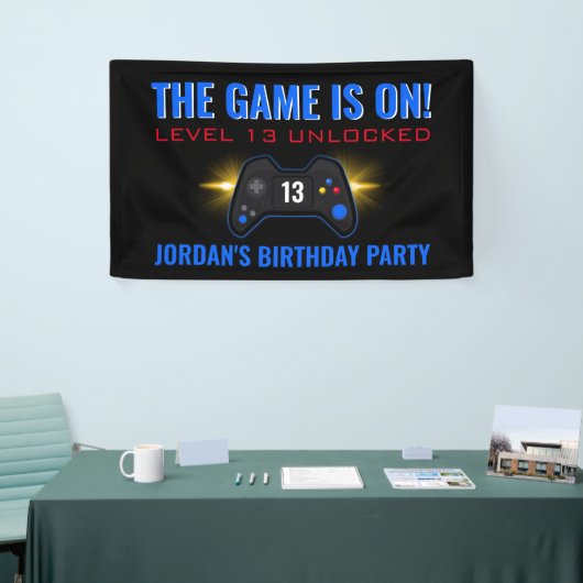 Blauwe videogame Birthday-banner Spandoek (Beurs)