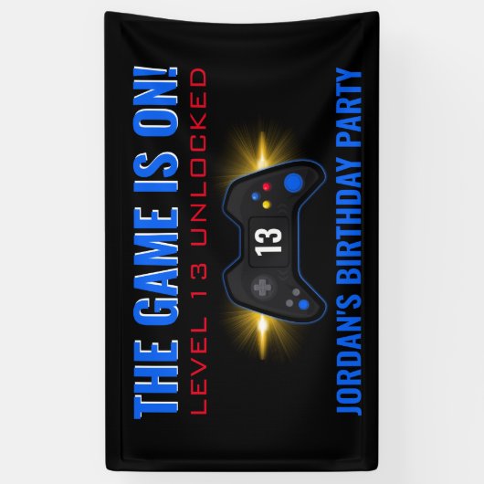 Blauwe videogame Birthday-banner Spandoek (Verticaal)