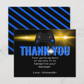 Blauwe videogame-feest bedankkaart (Voorkant / Achterkant)