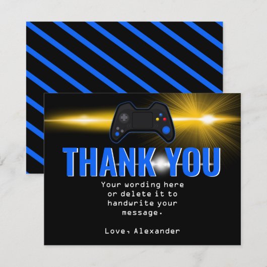 Blauwe videogame-feest bedankkaart (Voorkant / Achterkant)