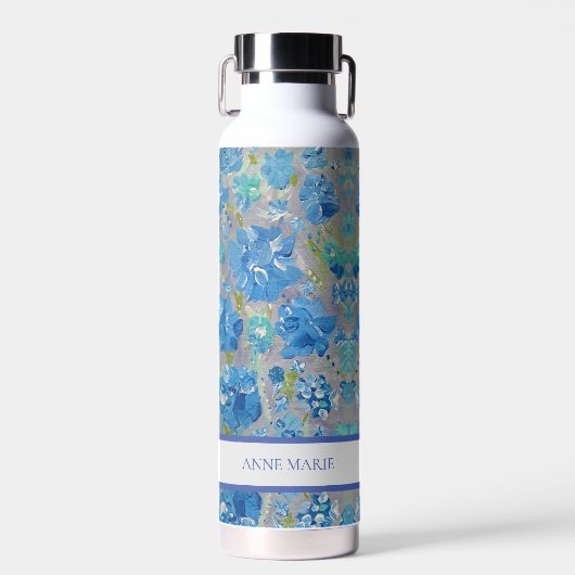 Blauwe Viering Bloemen Custom Water Fles (Voorkant)