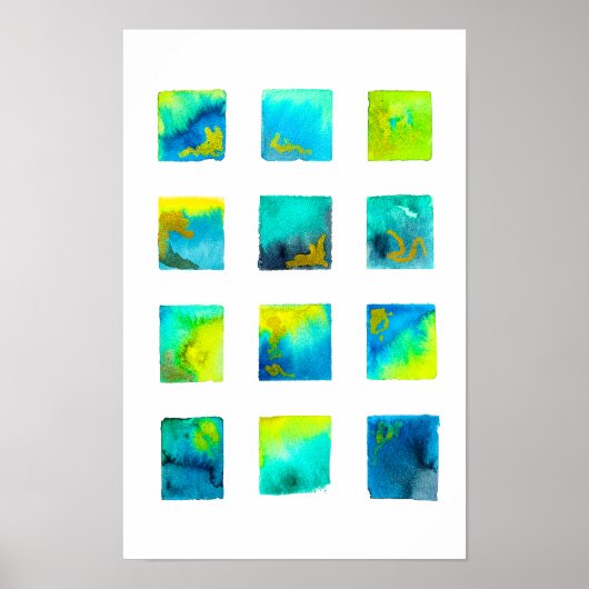 Blauwe vierkanten waterverf abstract poster (Voorkant)
