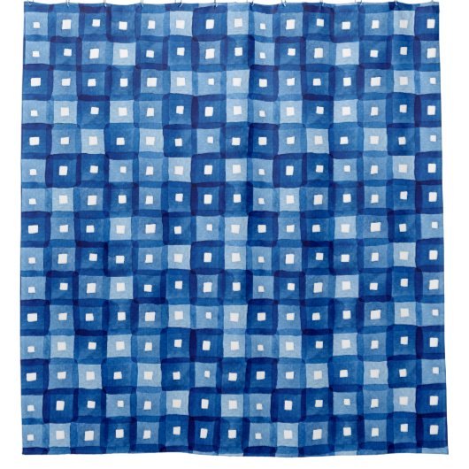 Blauwe vierkanten, Waterverf naadloos mozaïek. Douchegordijn (Voorkant)