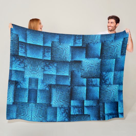 Blauwe vierkantjes met abstract stammodel fleece deken (In situ)
